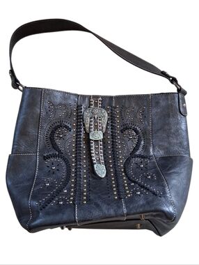 Mountain West Western Studded Buckle Detail Shoulder Bag Purse Black